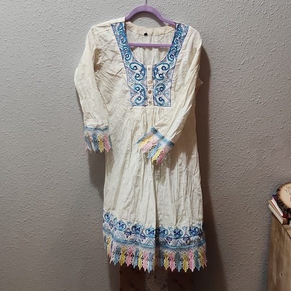 Embroidered Cream Dress with Blue Accents - Picture 1 of 3